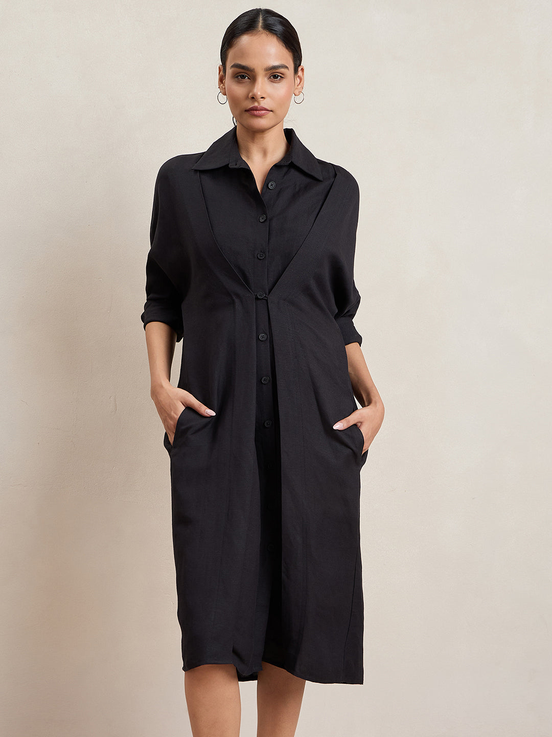 Black linen button down dress online