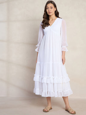 White Smocking Tiered Maxi Dress