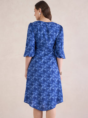 Blue Floral Tie Up Detail Midi Dress