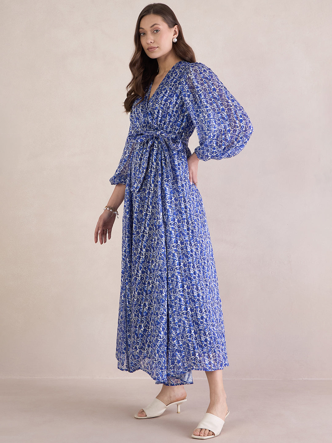 Blue Floral Lurex Wrap Maxi Dress