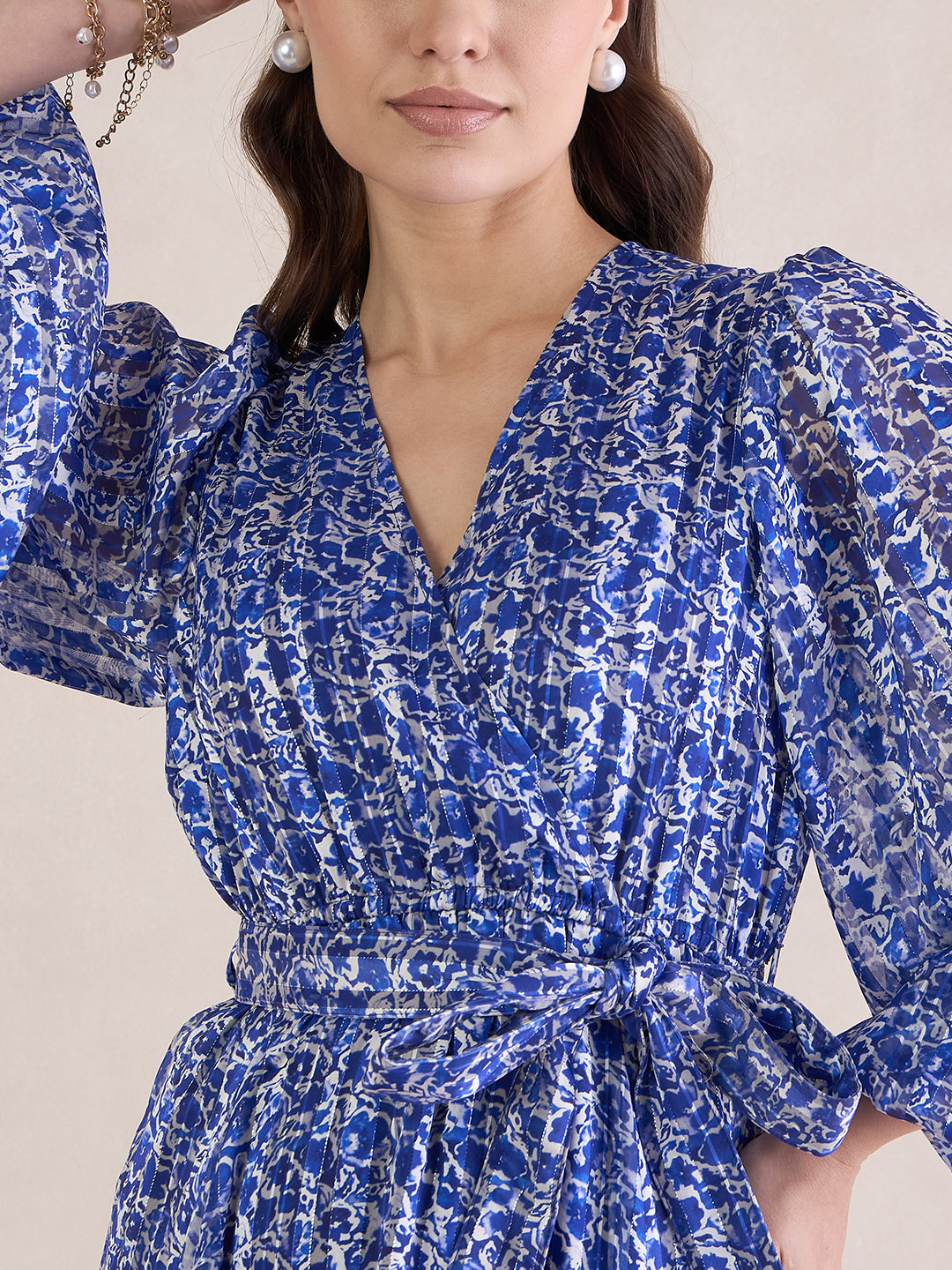 Blue Floral Lurex Wrap Maxi Dress