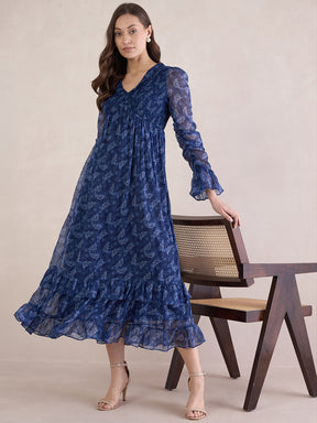 Blue Printed Smocked Tiered Maxi Dresss