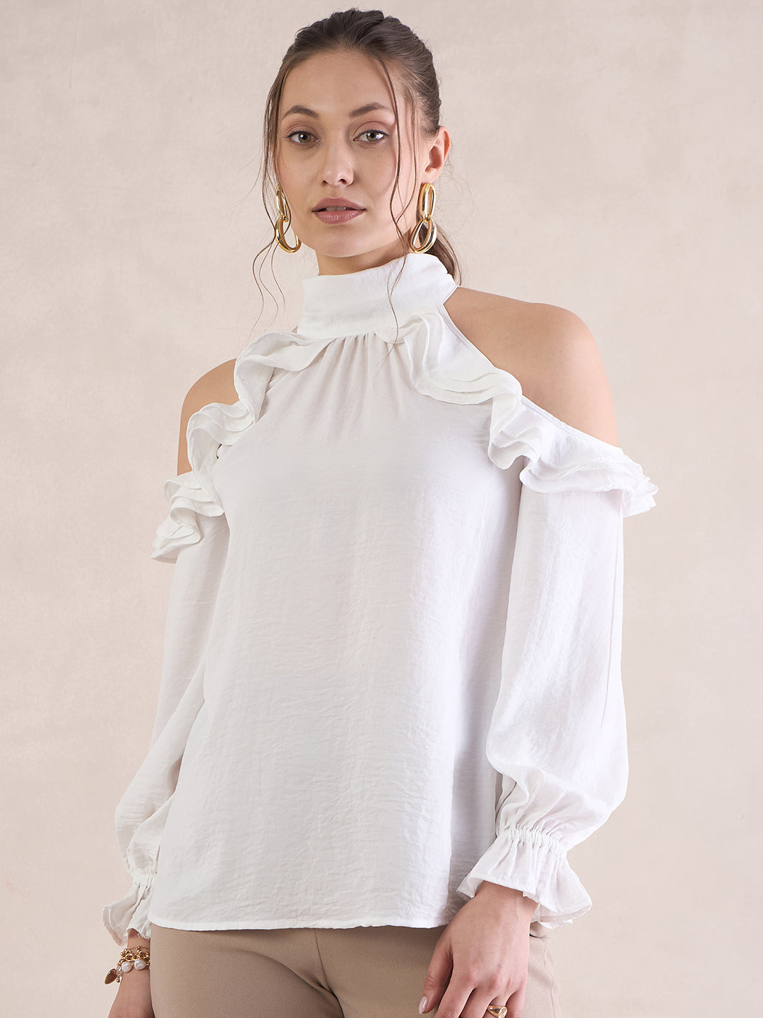 White Satin Cold Shoulder Ruffle Top