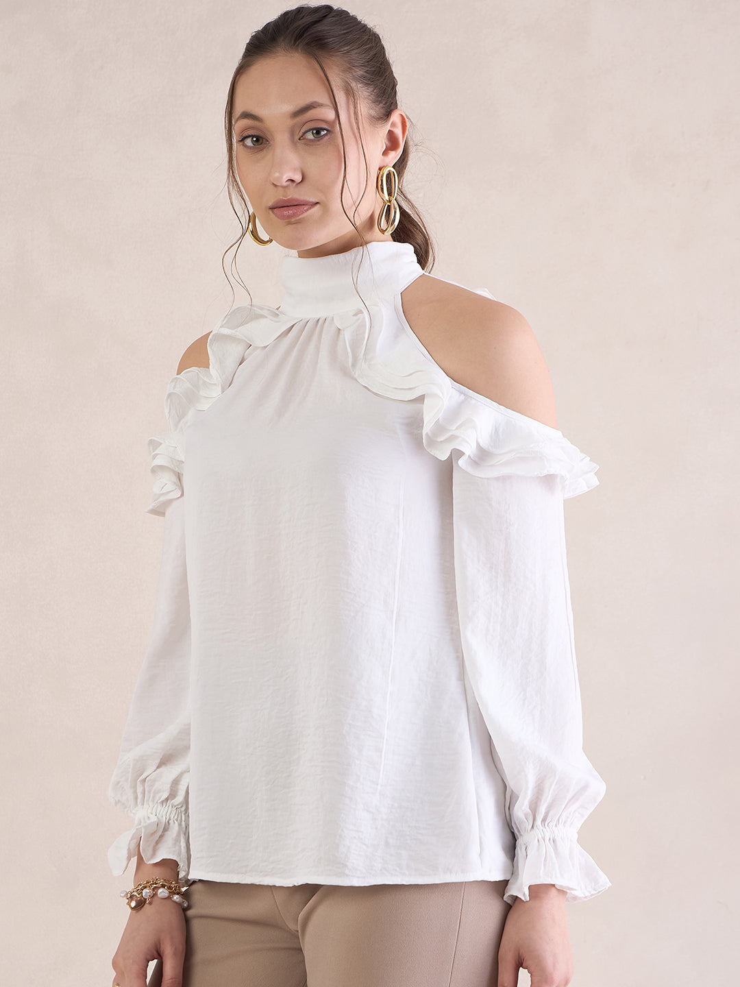 White Satin Cold Shoulder Ruffle Top