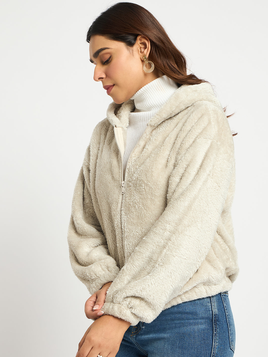 Light Grey Zip-Up Fur Hoodie