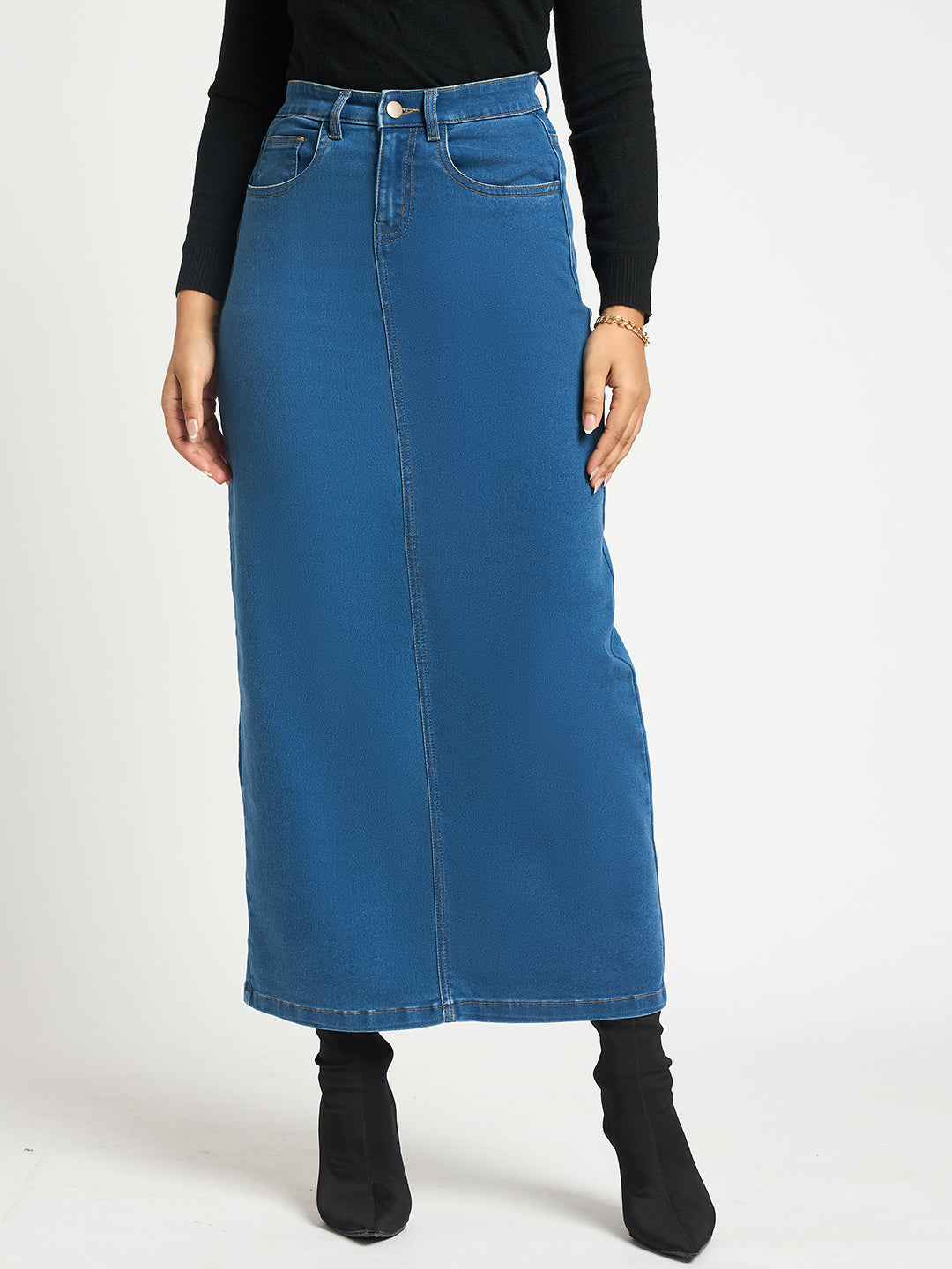 Navy Blue Denim Maxi Skirt