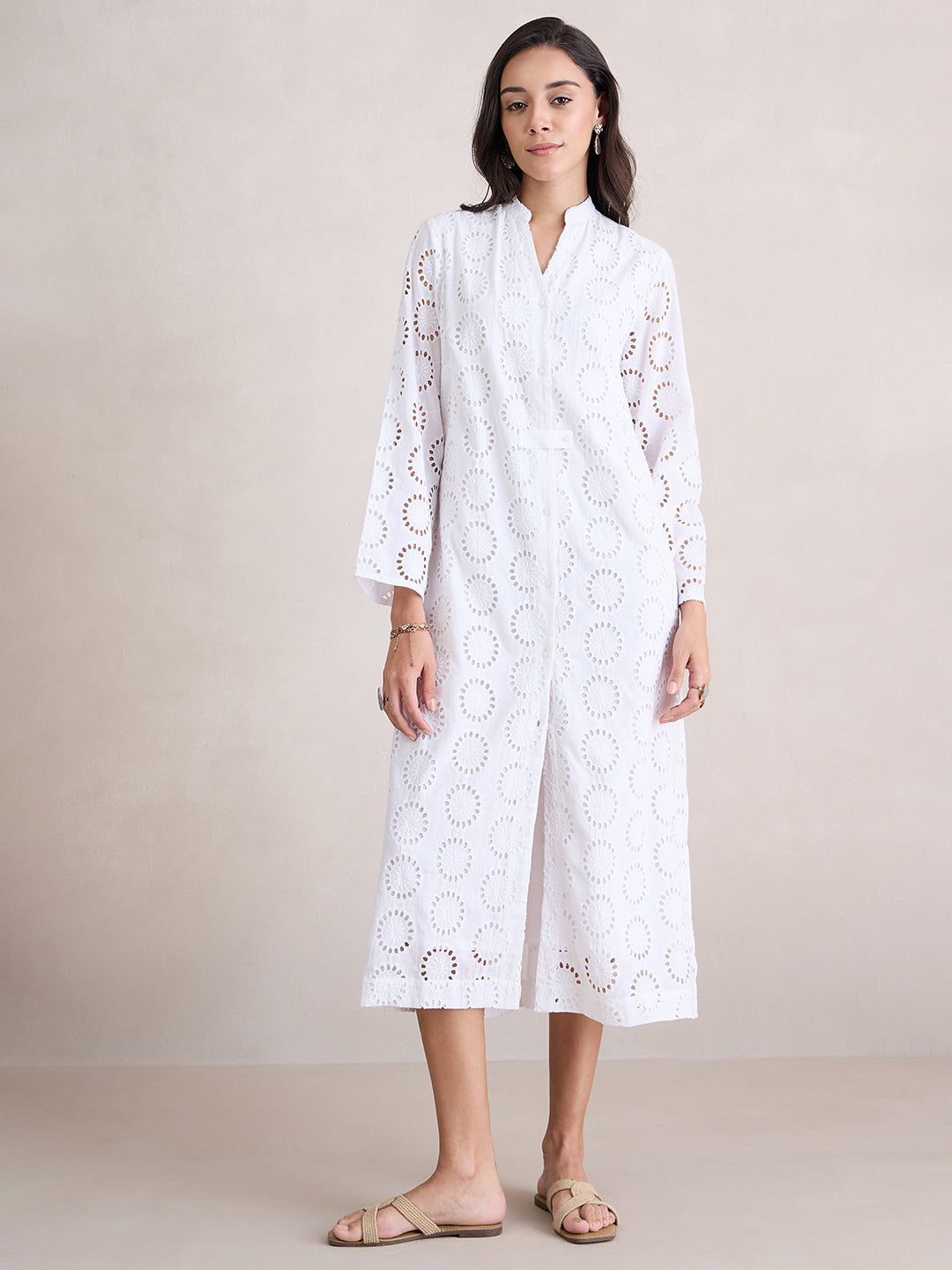 White Cotton Schiffli Shirt Maxi Dress