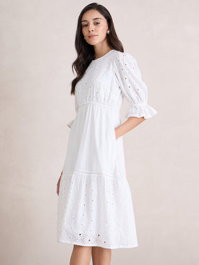 White Cotton Schiffli Tiered Midi Dress