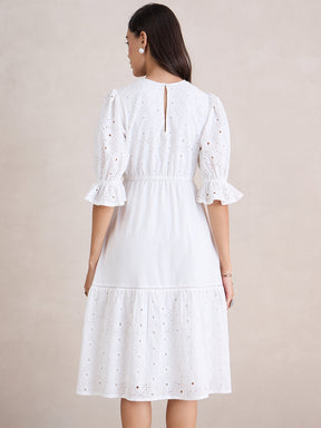 White Cotton Schiffli Tiered Midi Dress