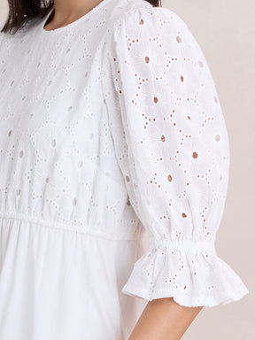 White Cotton Schiffli Tiered Midi Dress