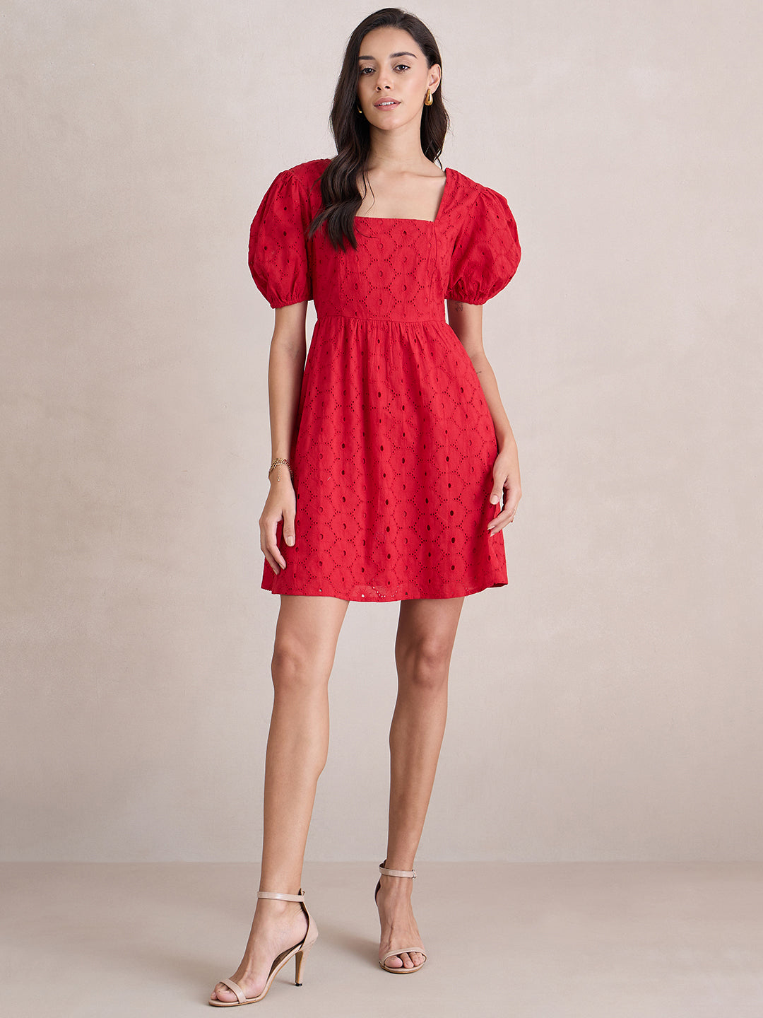 Red Cotton Schiffli Square Neck Mini Dress