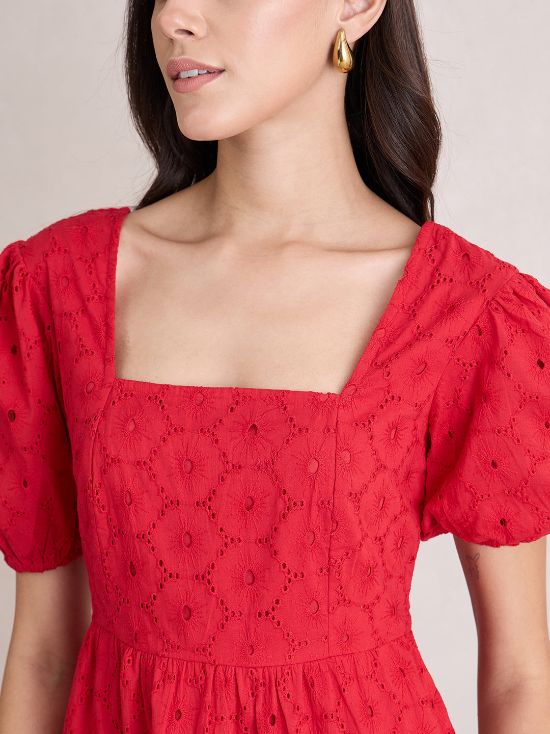 Red Cotton Schiffli Square Neck Mini Dress