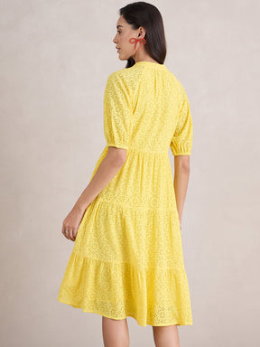 Yellow Cotton Schiffli Button Down Midi Dress