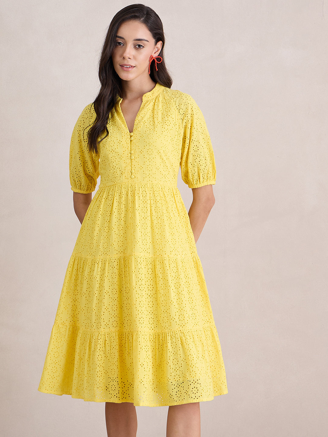 Yellow Cotton Schiffli Button Down Midi Dress