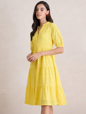 Yellow Cotton Schiffli Button Down Midi Dress