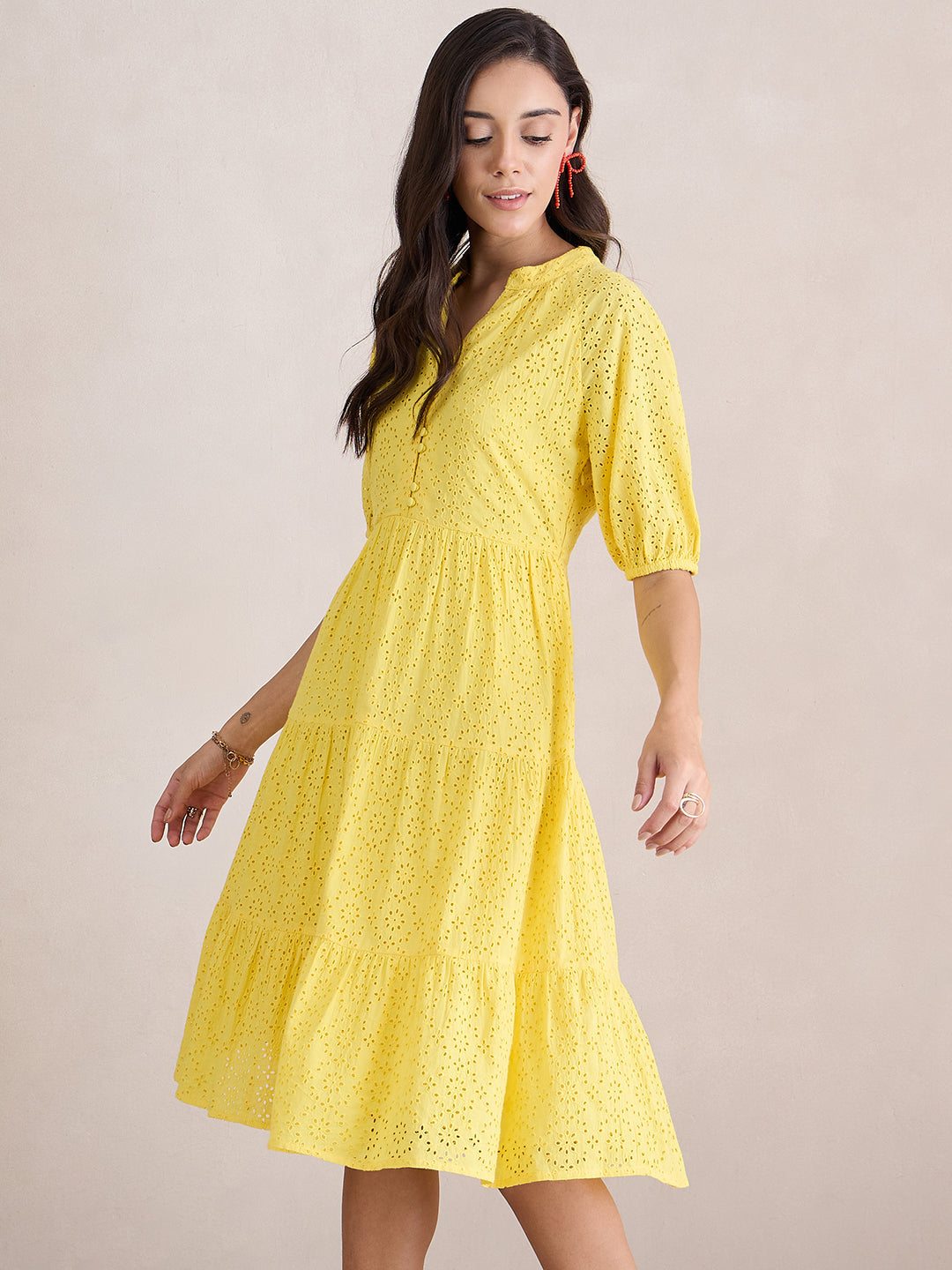 Yellow Cotton Schiffli Button Down Midi Dress