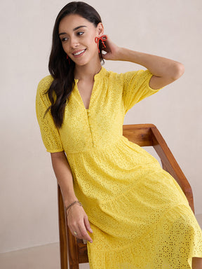 Yellow Cotton Schiffli Button Down Midi Dress