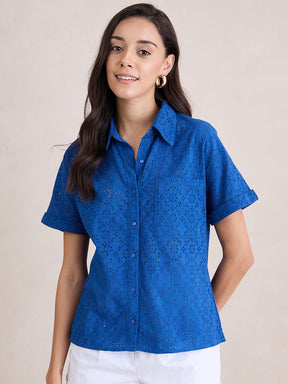 Cobalt Blue Cotton Schiffli Shirt