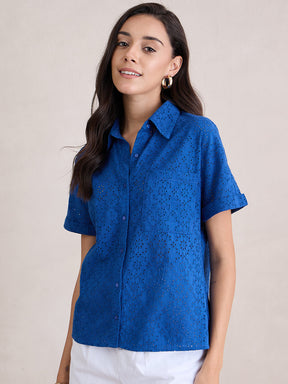 Cobalt Blue Cotton Schiffli Shirt