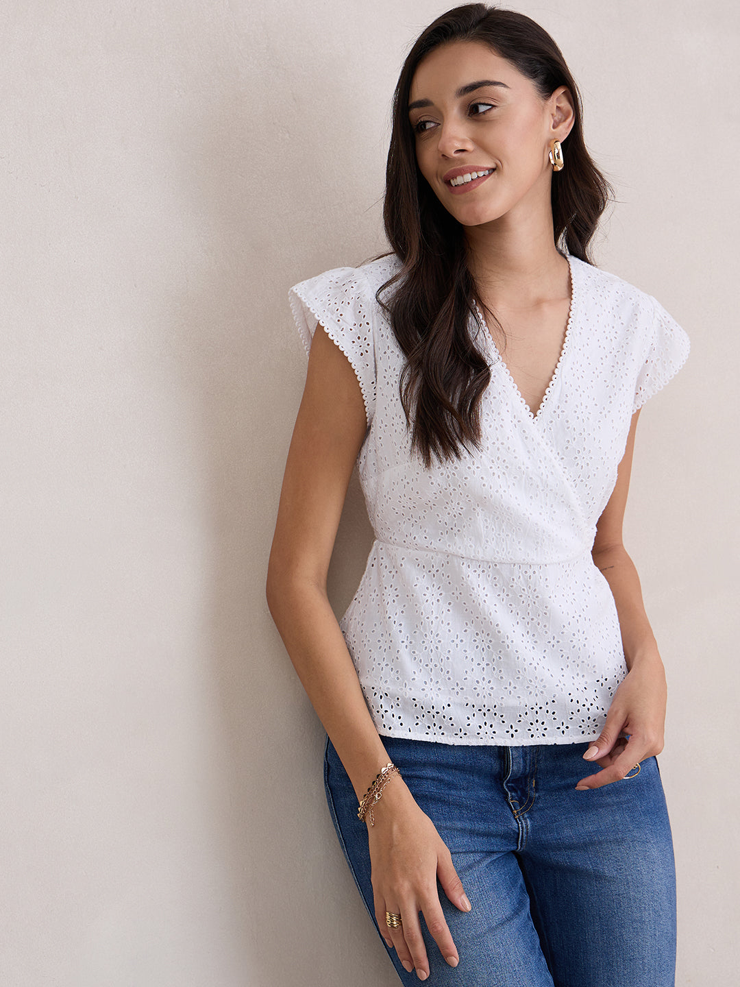 White Cotton Schiffli Wrap Top