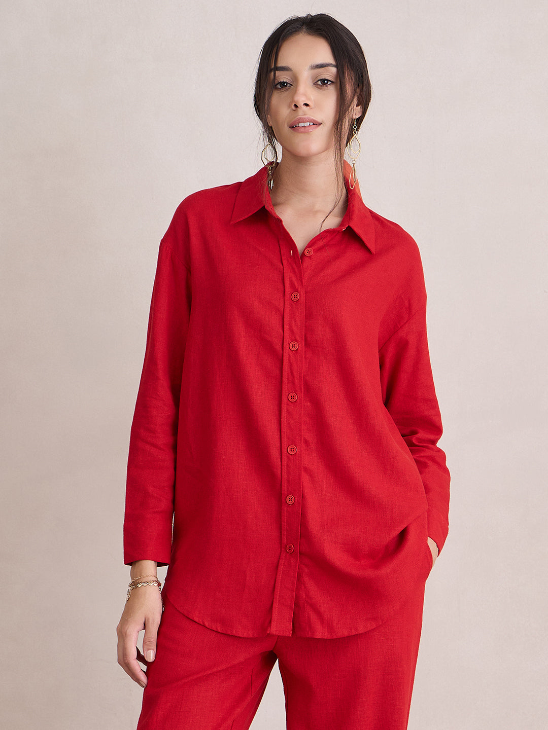 Red Linen Blend Shirt