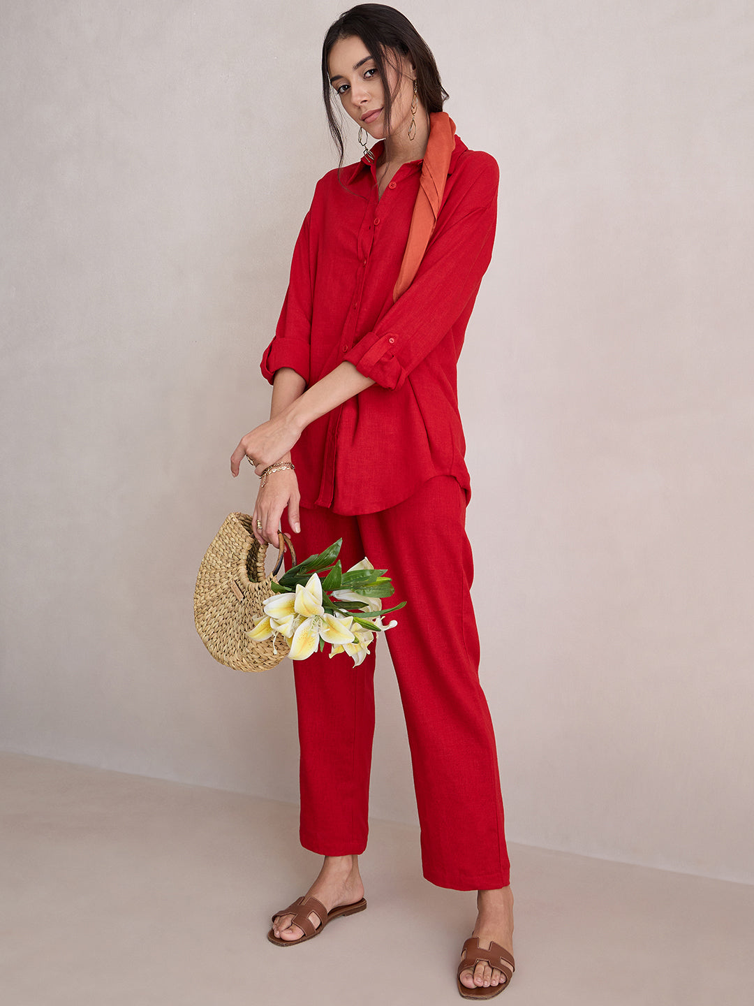 Red Linen Blend Pant