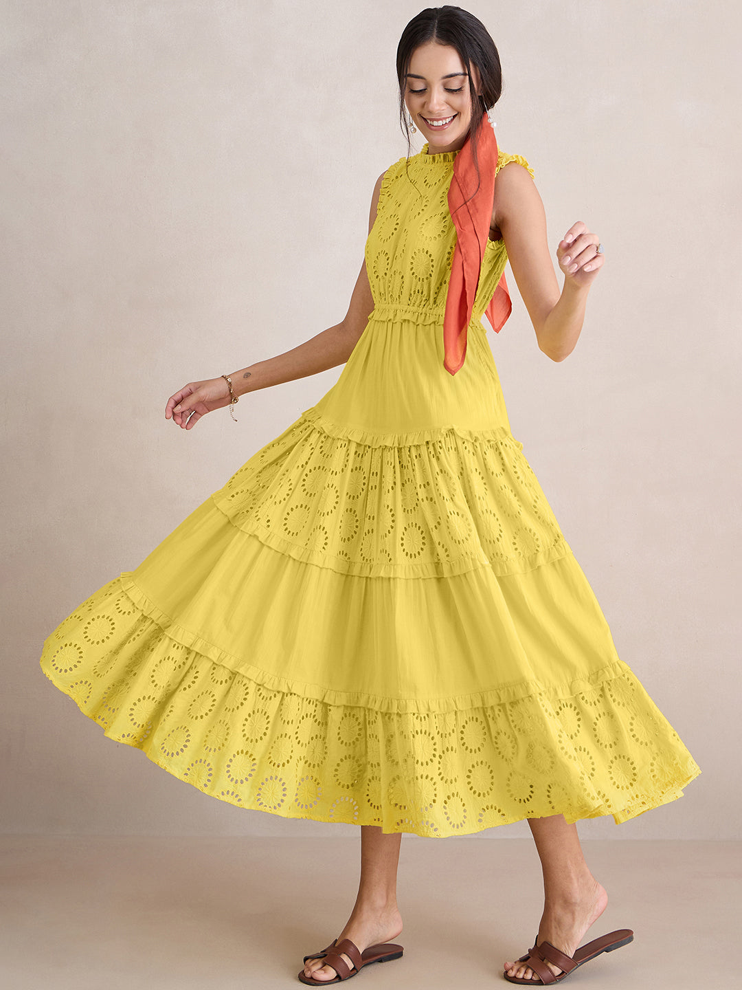 Yellow Cotton Schiffli Tier Maxi Dress