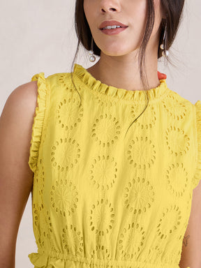 Yellow Cotton Schiffli Tier Maxi Dress