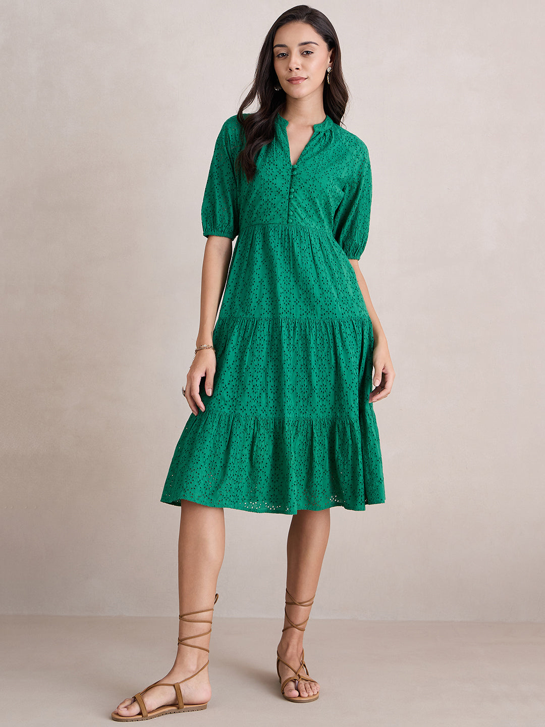 Green Cotton Schiffli Button Down Midi Dress