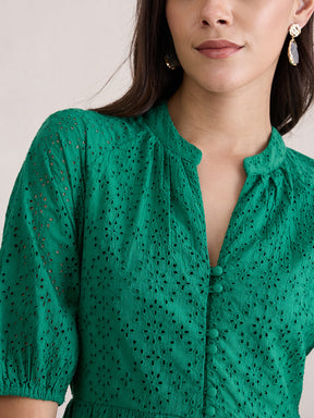 Green Cotton Schiffli Button Down Midi Dress