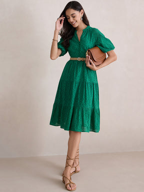 Green Cotton Schiffli Button Down Midi Dress