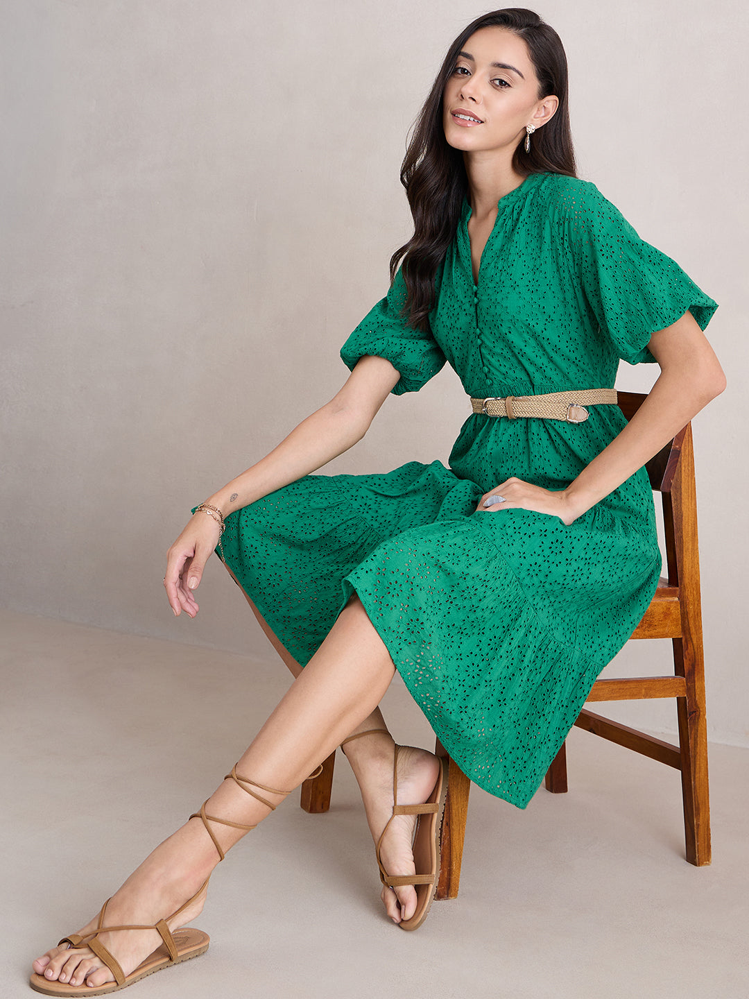 Green Cotton Schiffli Button Down Midi Dress