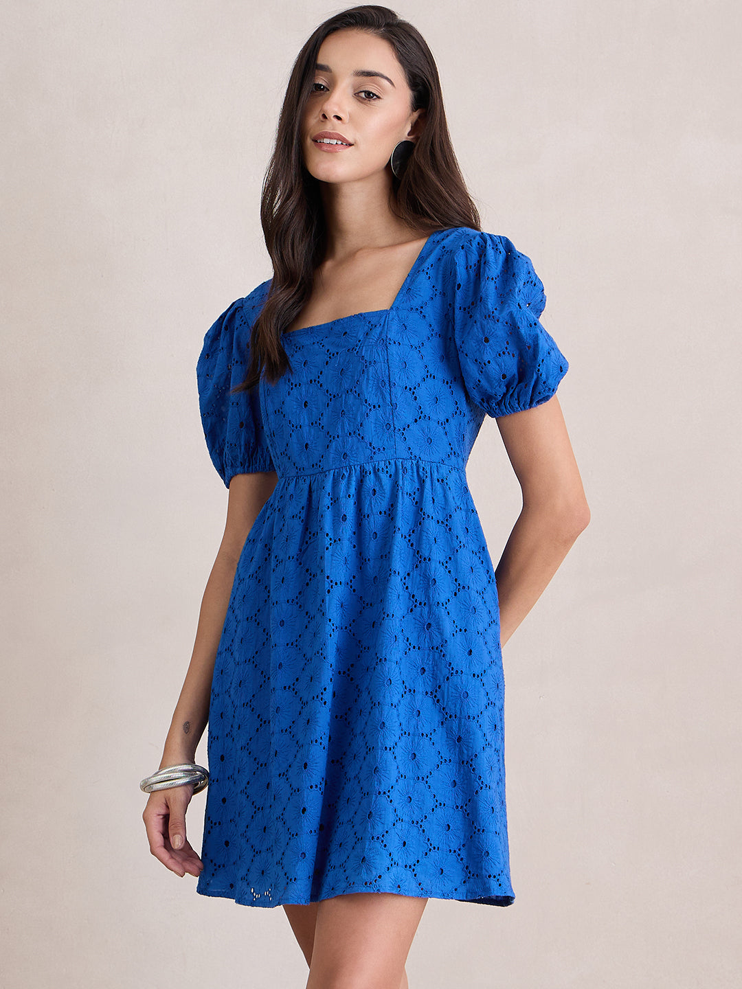 Cobalt Blue Cotton Schiffli Square Neck Mini Dress