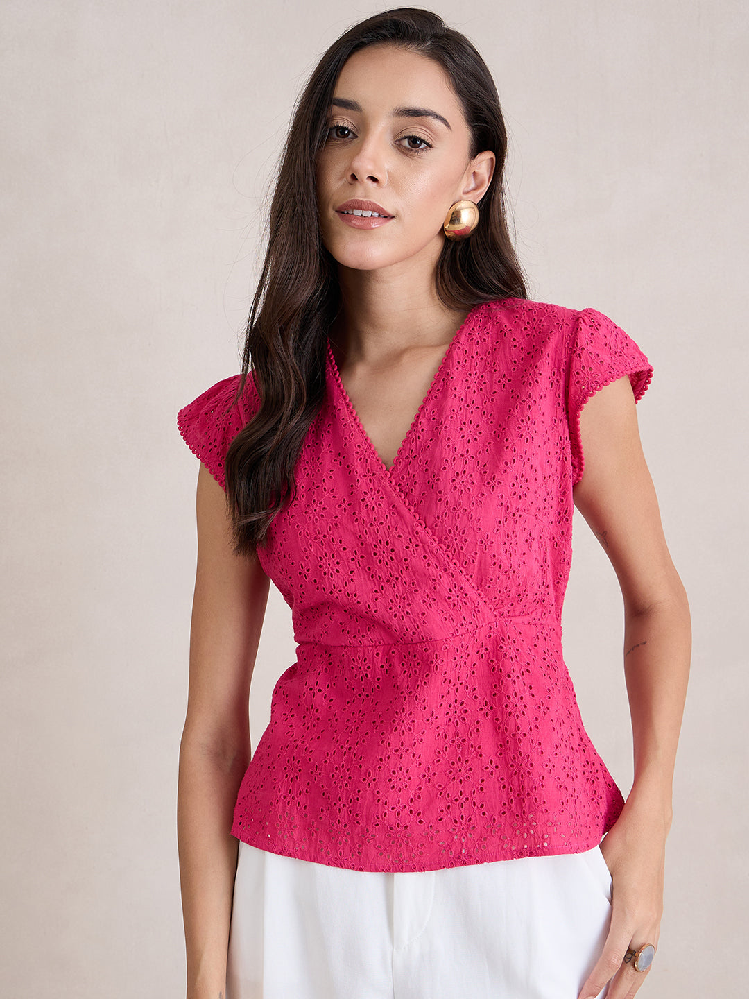 Pink Cotton Schiffli Wrap Top