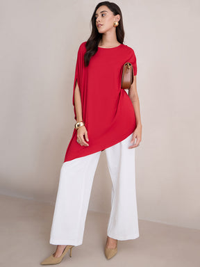 Red Knit Oversize  Asymmetrical Top