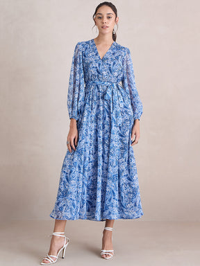 Blue And White Paisley Print Wrap Maxi Dress