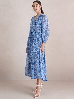 Blue And White Paisley Print Wrap Maxi Dress