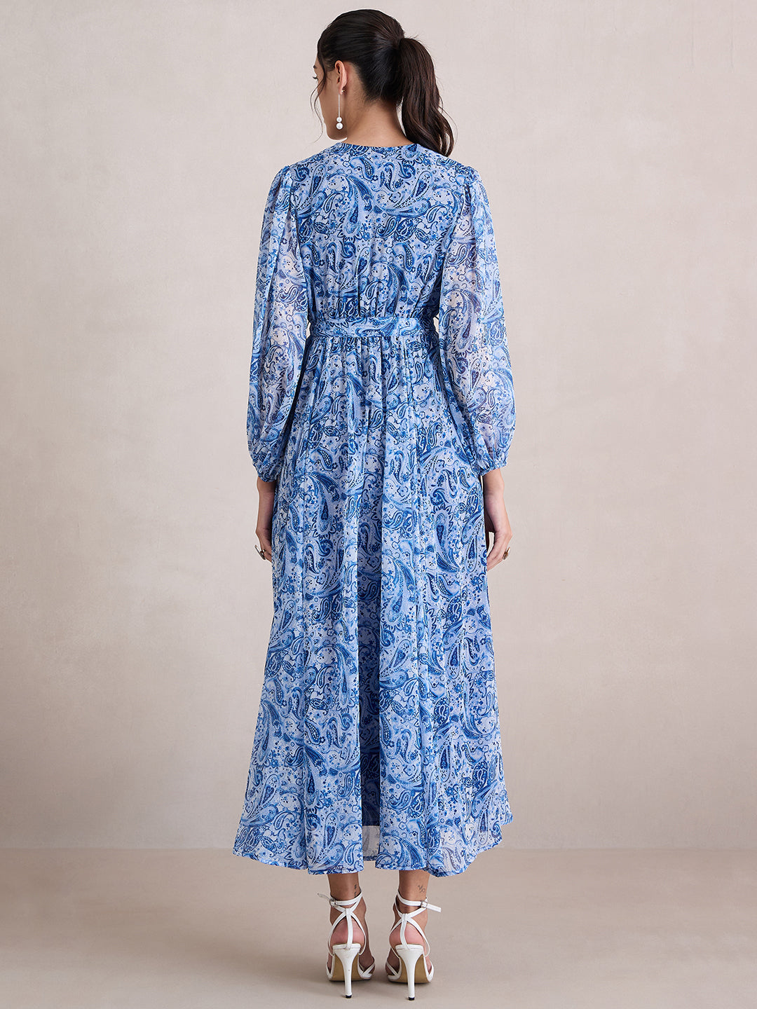 Blue And White Paisley Print Wrap Maxi Dress