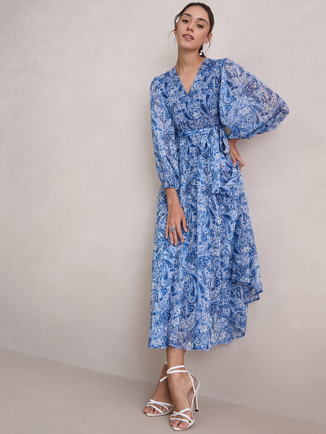 Blue And White Paisley Print Wrap Maxi Dress