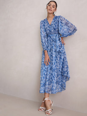 Blue And White Paisley Print Wrap Maxi Dress