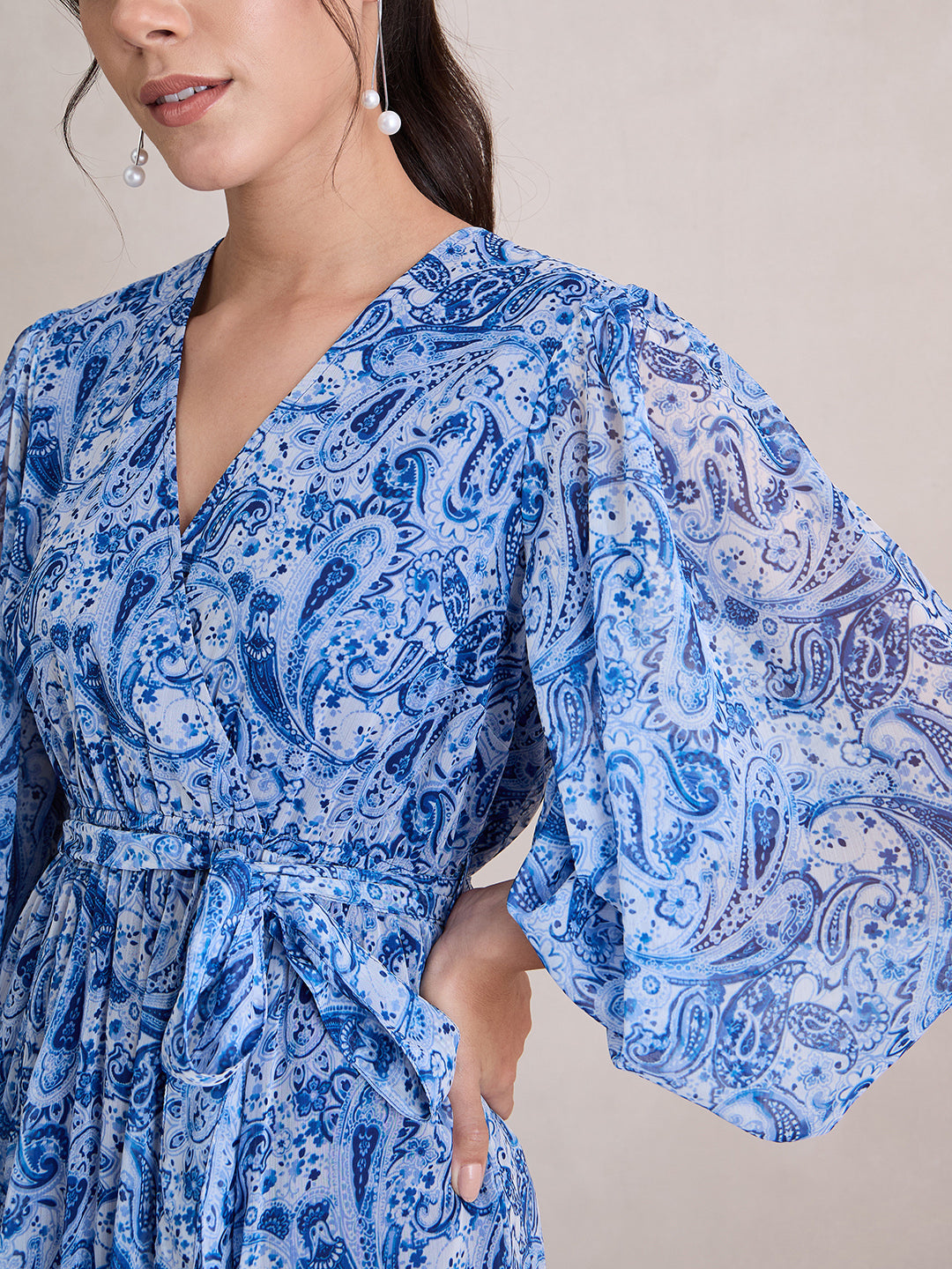 Blue And White Paisley Print Wrap Maxi Dress