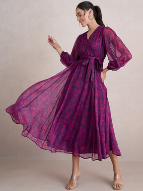 Wine Paisley Print Wrap Maxi Dress