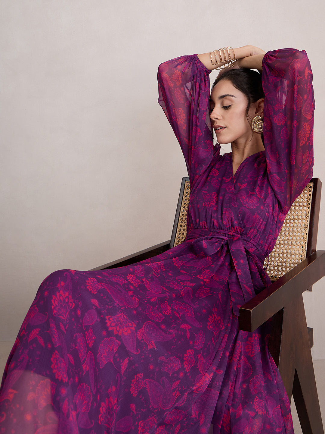 Wine Paisley Print Wrap Maxi Dress