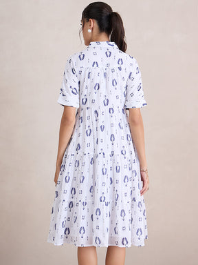 White And Blue Abstract Print Button Down Midi Dress