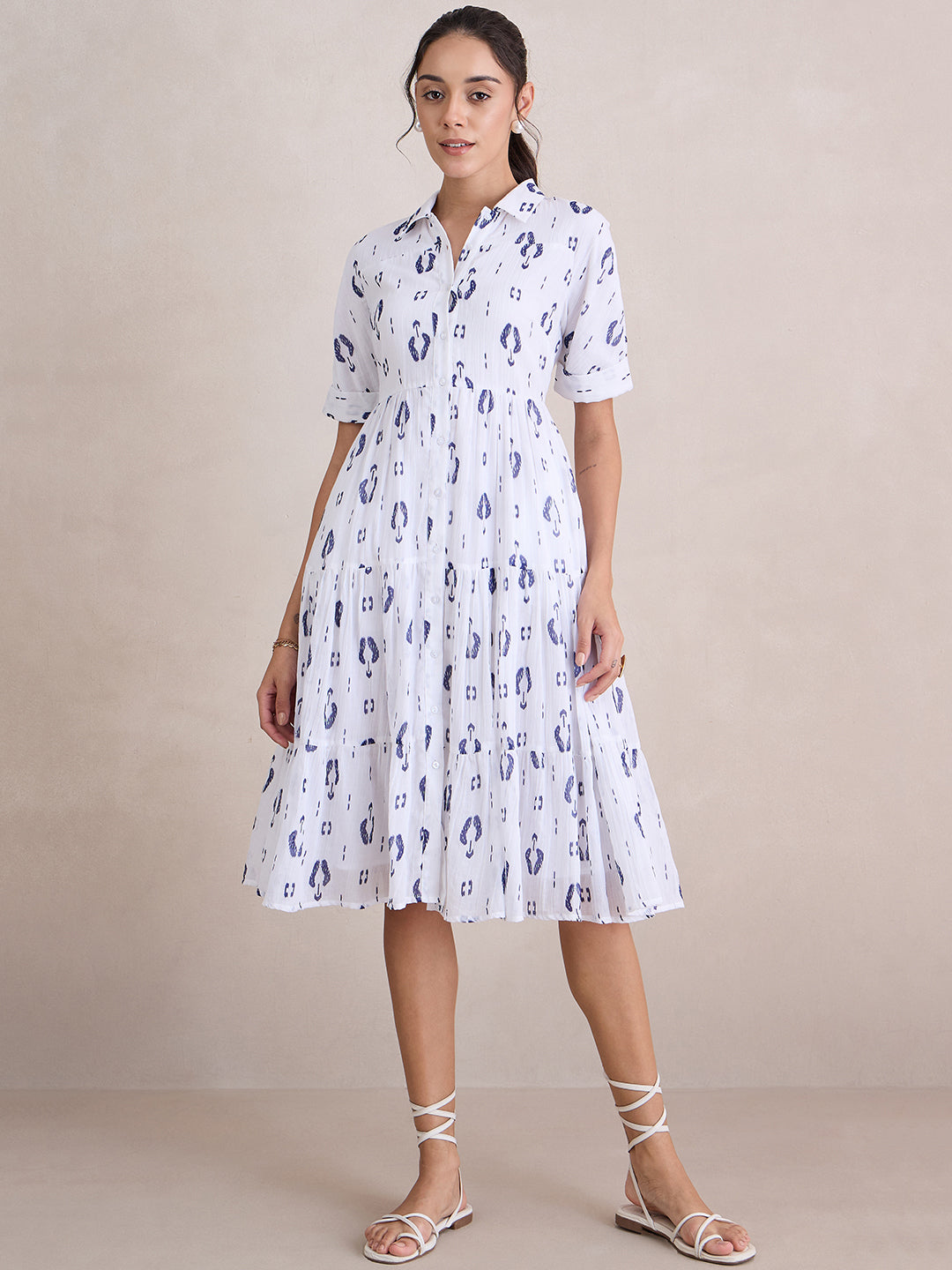 White And Blue Abstract Print Button Down Midi Dress