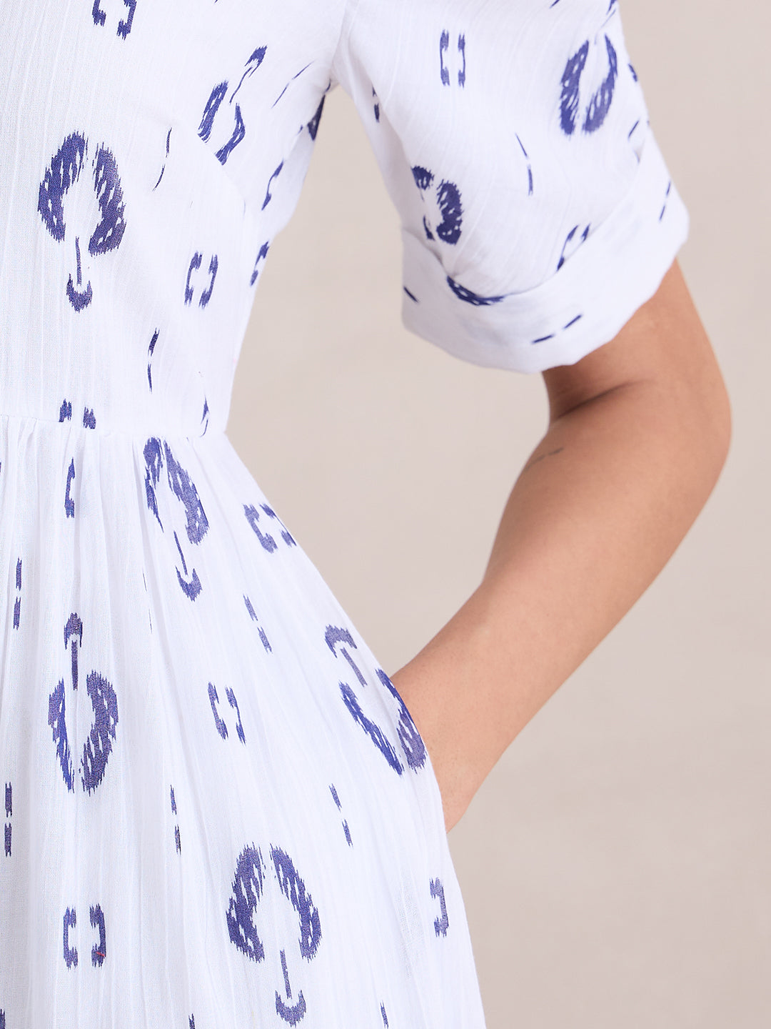 White And Blue Abstract Print Button Down Midi Dress