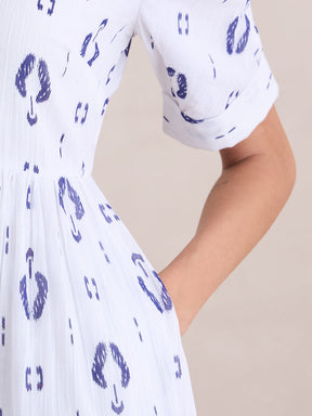 White And Blue Abstract Print Button Down Midi Dress