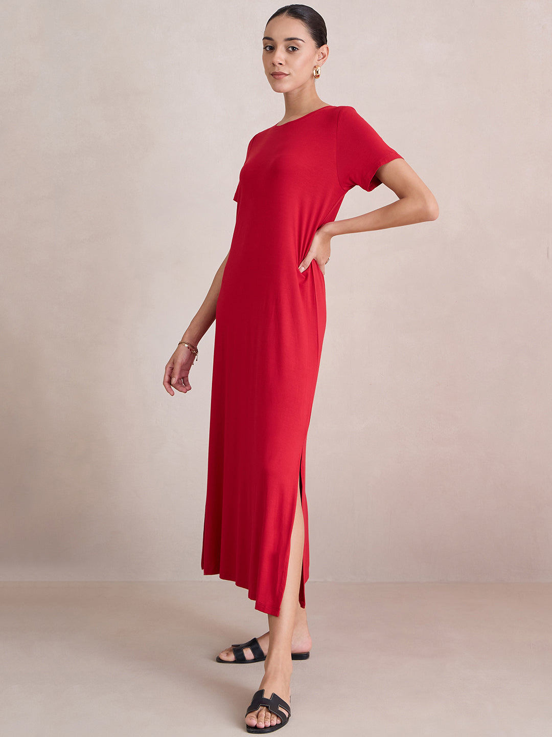 Red Knit Slit Detail Maxi Dress