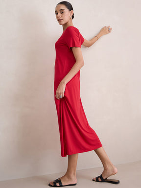 Red Knit Slit Detail Maxi Dress