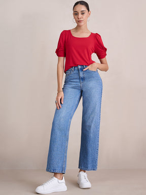 Red Knit Knotted Sleeves Top